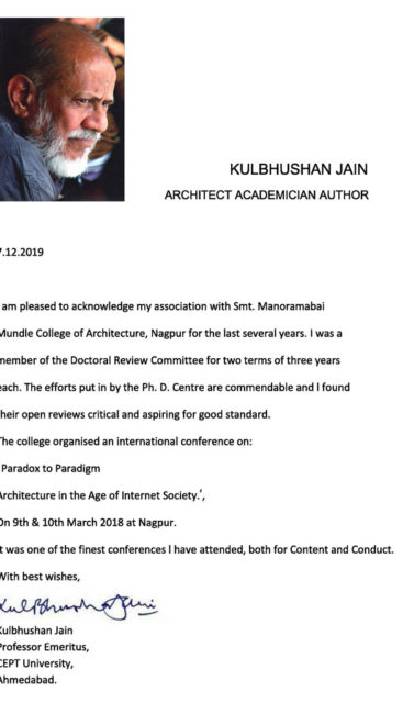 Appreciation by Prof. Kulbhushan Jain - CEPT University, Ahmedabad