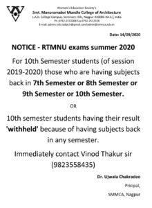 NOTICE-RTMNU-summer-examination-2020 | SMMCA Nagpur |